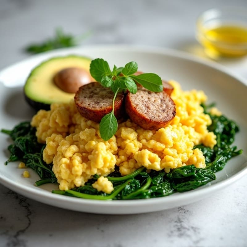 Egg White and Turkey Sausage Scramble with Sautéed Spinach and Avocado
