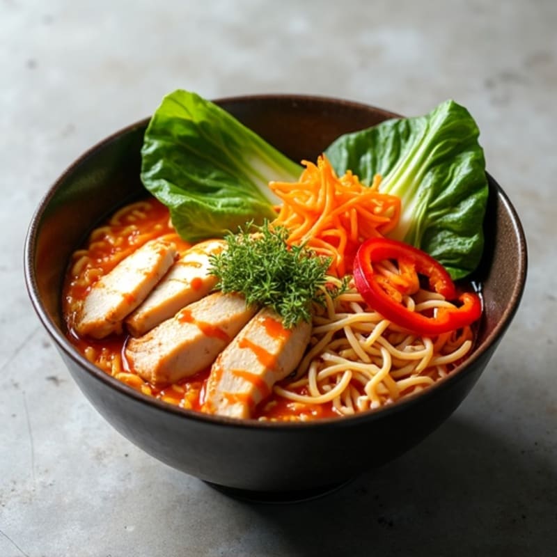 Spicy Sriracha Chicken Ramen Bowl with Fresh Vegetables