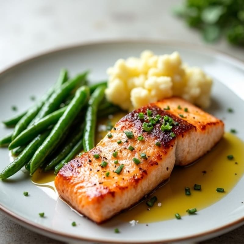Seared Salmon with Garlic Green Beans and Mashed Cauliflower