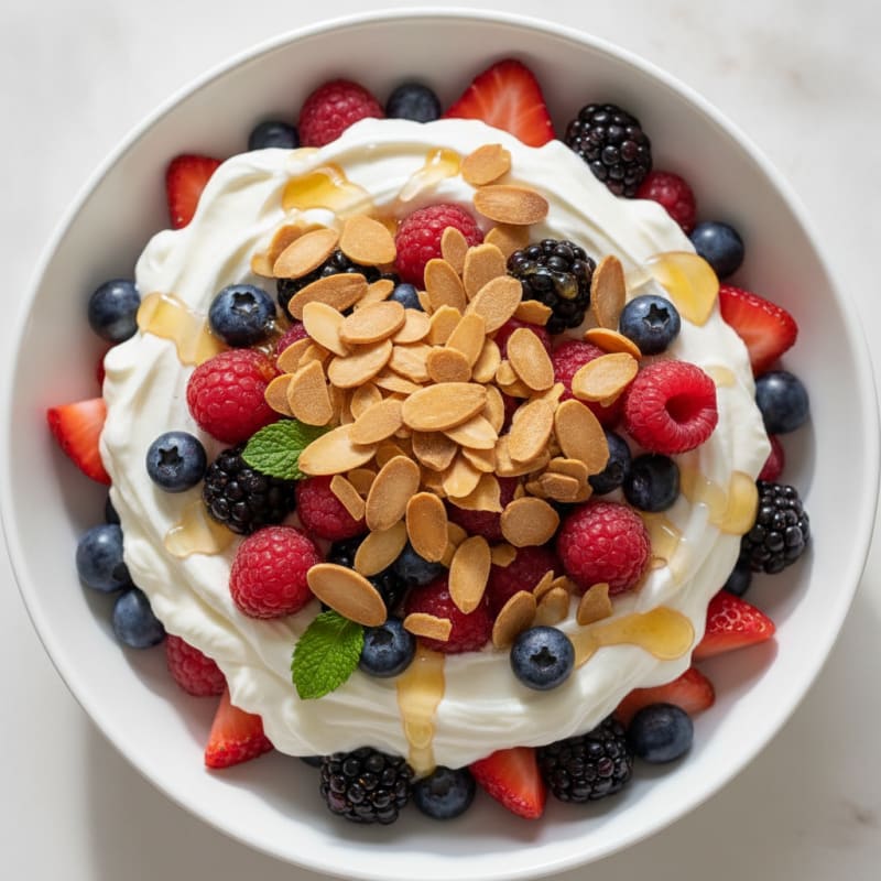 Greek Yogurt Protein Parfait with Mixed Berries and Almonds