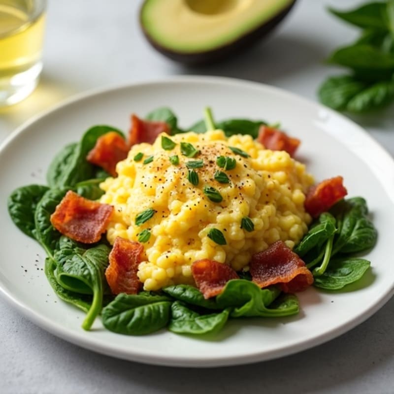 Cottage Cheese Scramble with Spinach, Turkey Bacon & Avocado