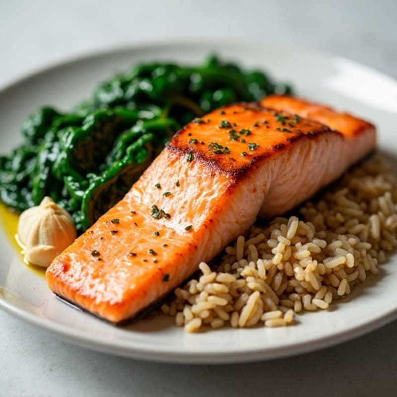 Seared Salmon with Garlic Spinach and Brown Rice