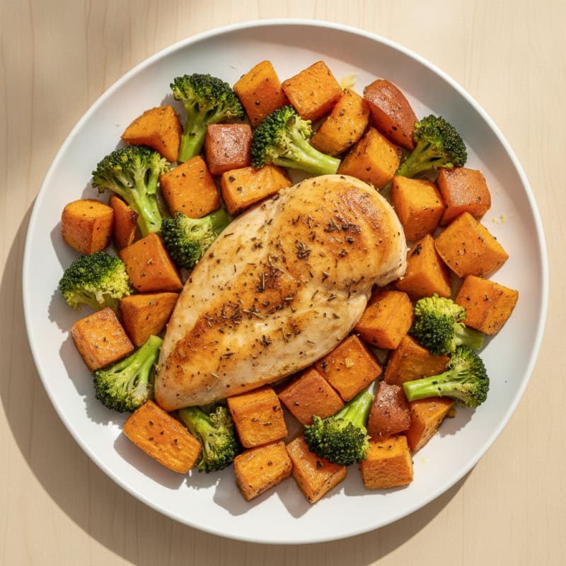 Herb-Roasted Chicken with Sweet Potatoes and Broccoli