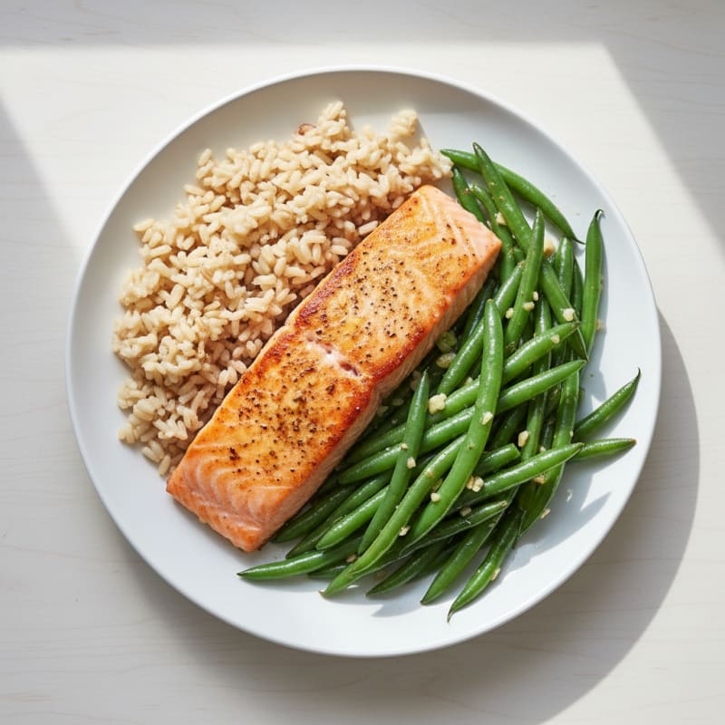 Seared Salmon with Garlic Green Beans and Brown Rice