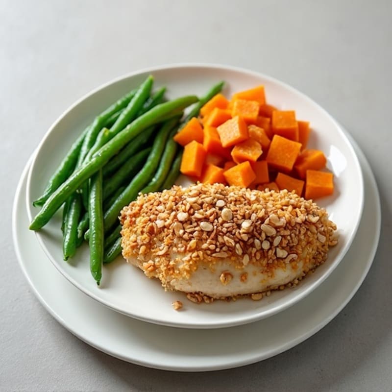 Crispy Almond Chicken with Roasted Sweet Potatoes and Creamy Green Beans