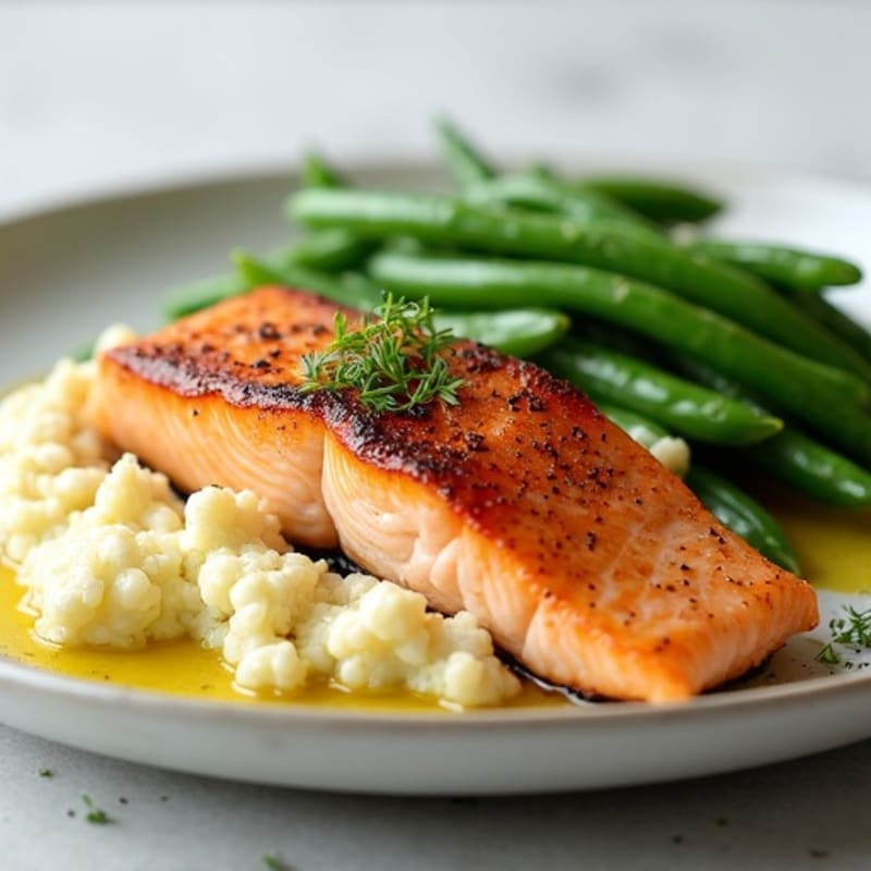 Seared Salmon with Steamed Green Beans and Garlic Cauliflower Mash