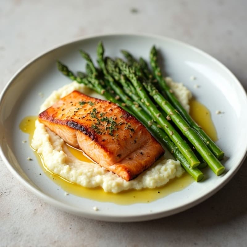 Seared Salmon with Steamed Asparagus and Cauliflower Mash
