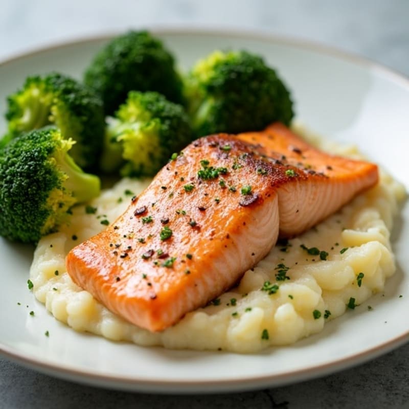 Seared Salmon with Steamed Broccoli and Garlic Mashed Potatoes