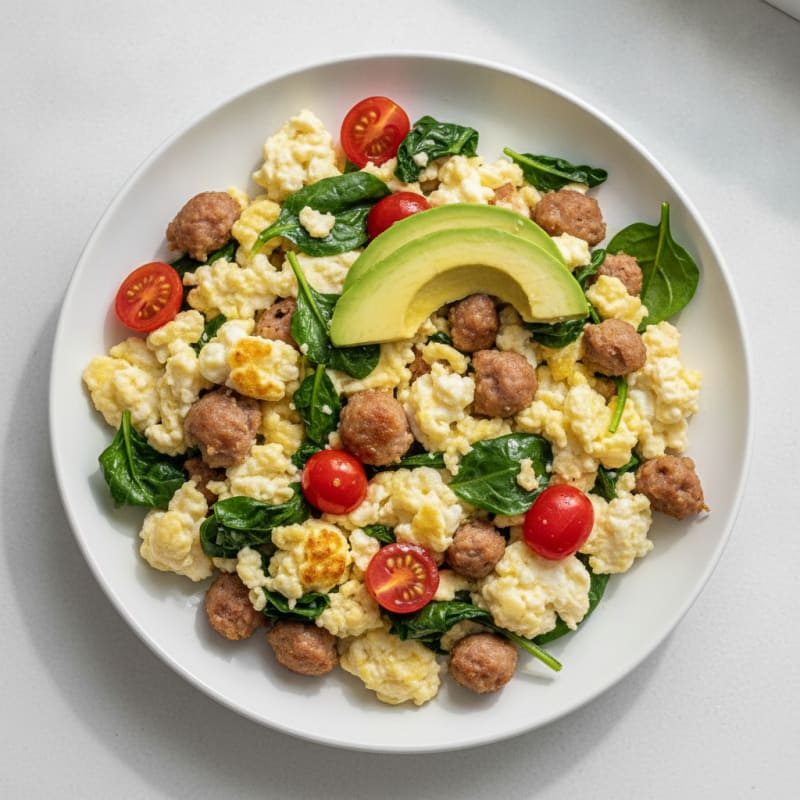 Egg White and Turkey Sausage Scramble with Spinach and Cherry Tomatoes