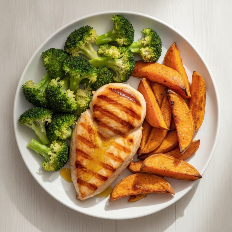 Grilled Chicken Breast with Roasted Sweet Potato and Steamed Broccoli