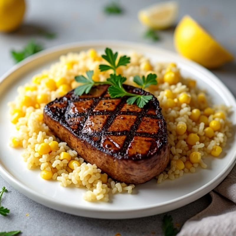 Seared Steak with Herbed Rice and Steamed Corn