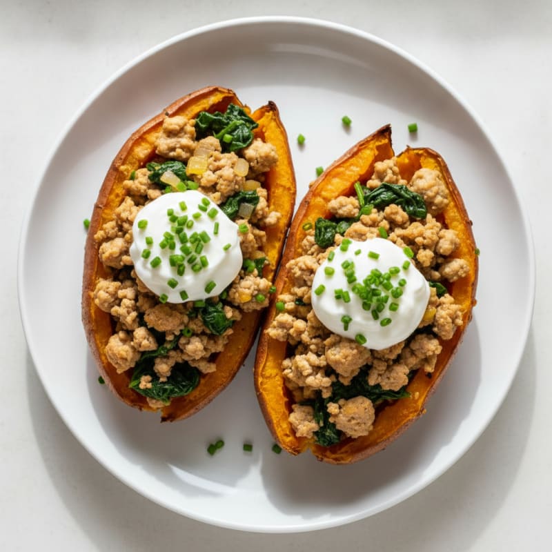 Ground Turkey and Spinach Stuffed Sweet Potatoes