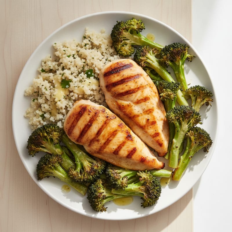 Grilled Chicken Breast with Roasted Broccoli and Quinoa