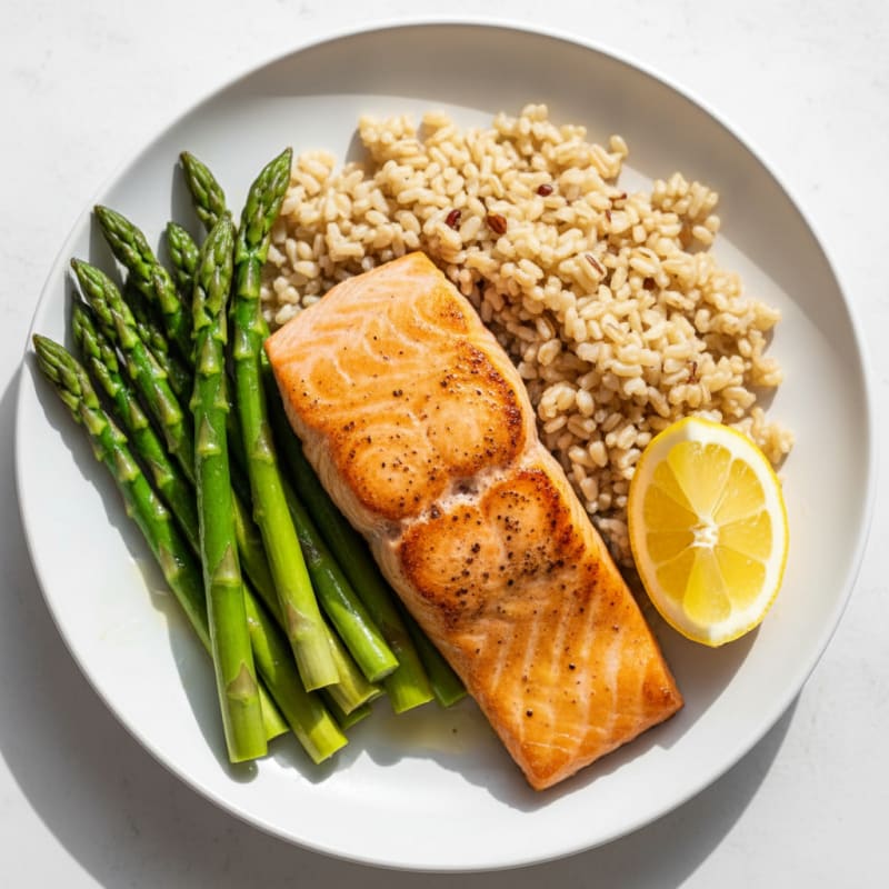 Seared Salmon with Steamed Asparagus and Brown Rice