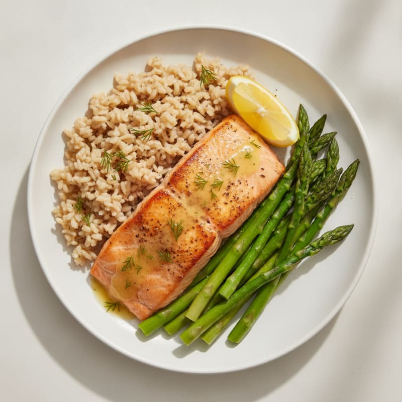 Seared Salmon with Steamed Asparagus and Herbed Brown Rice