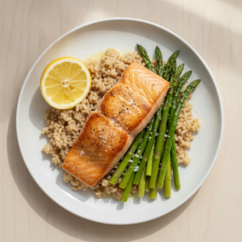 Seared Salmon with Steamed Asparagus and Brown Rice