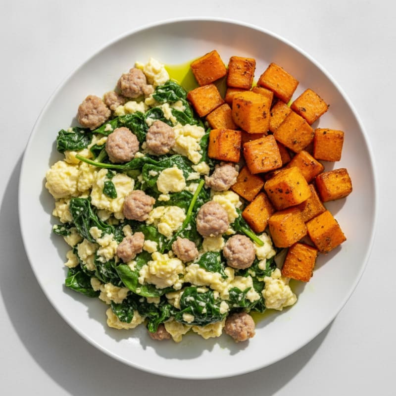 Egg White and Turkey Sausage Scramble with Spinach and Roasted Sweet Potato