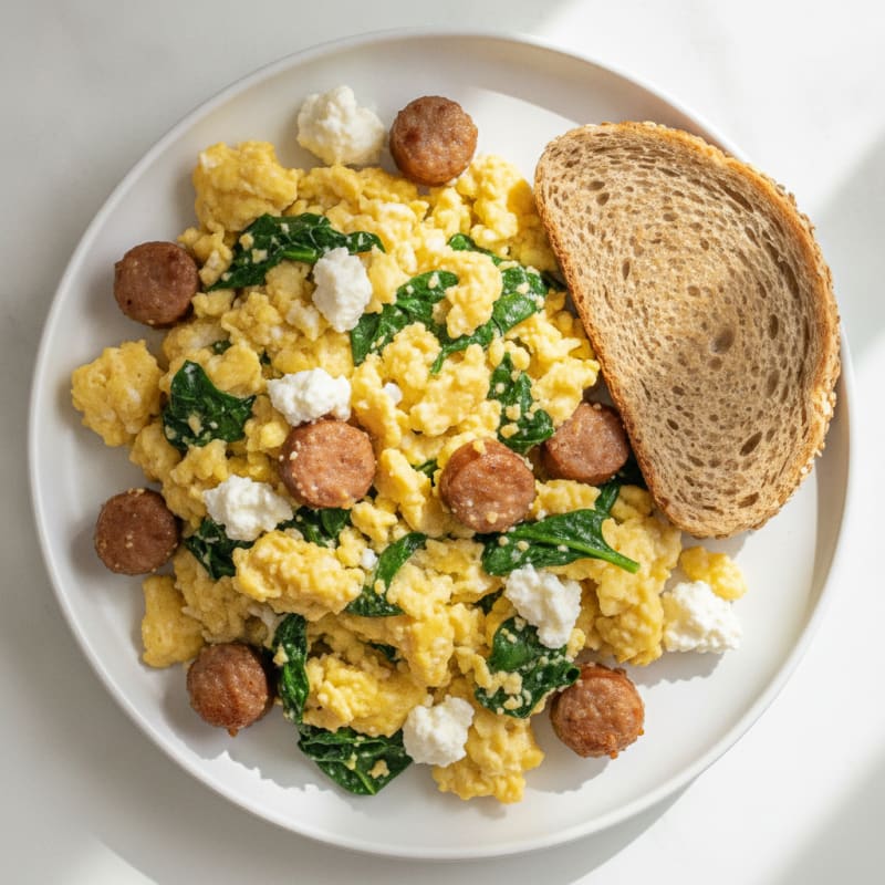 Cottage Cheese Scramble with Turkey Sausage and Spinach