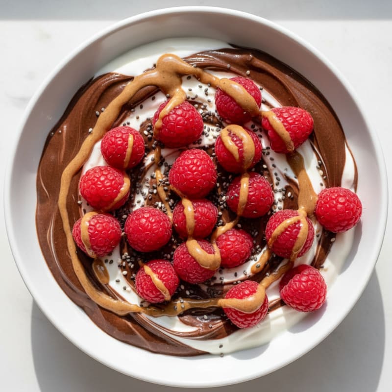 Greek Yogurt Protein Bowl with Cocoa Powder and Fresh Raspberries
