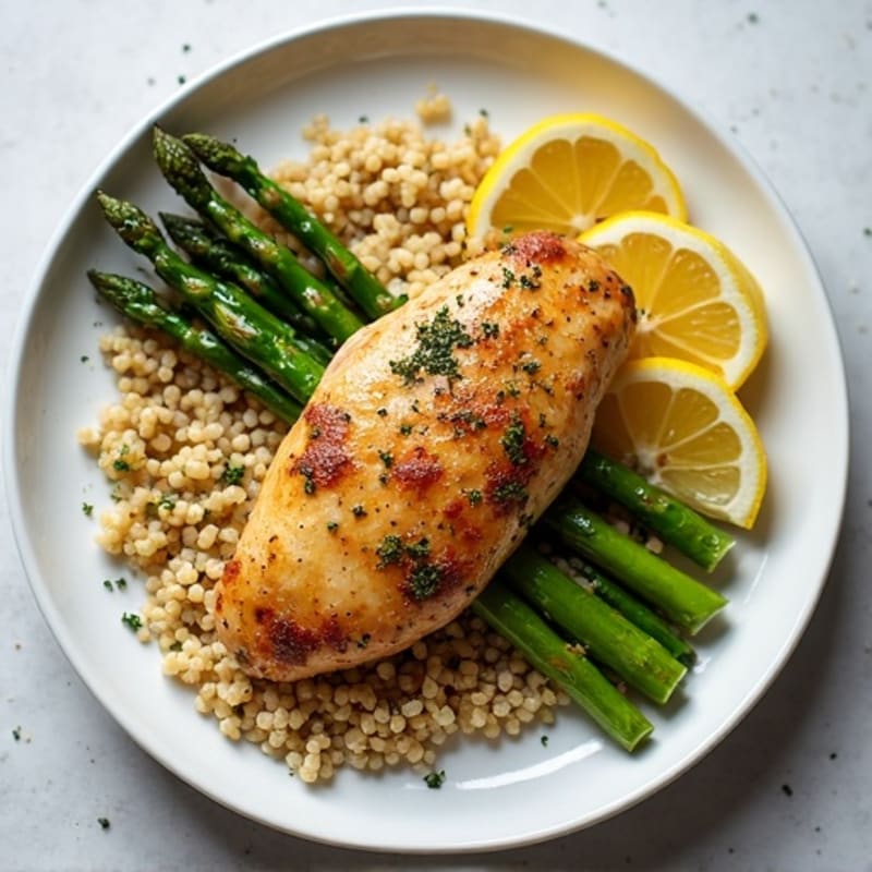 Lemon-Herb Roasted Chicken with Crispy Roasted Asparagus and Quinoa