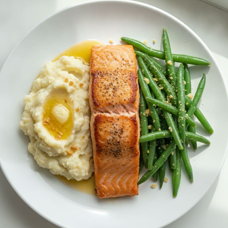 Seared Salmon with Steamed Green Beans and Garlic Mashed Cauliflower