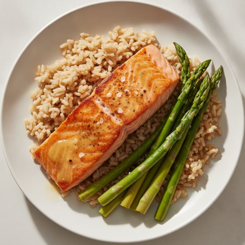 Seared Salmon Filet with Steamed Asparagus and Brown Rice