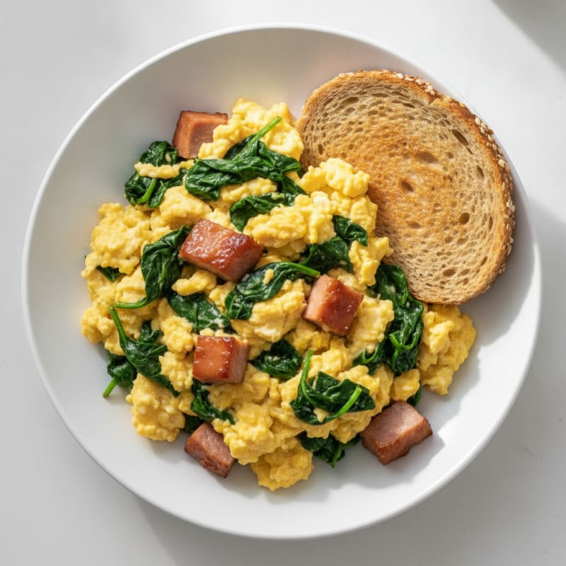 Creamy Scrambled Eggs with Smoked Turkey and Sautéed Spinach