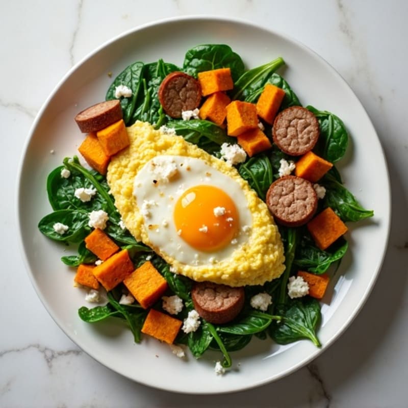 Egg White and Turkey Sausage Scramble with Spinach and Roasted Sweet Potato