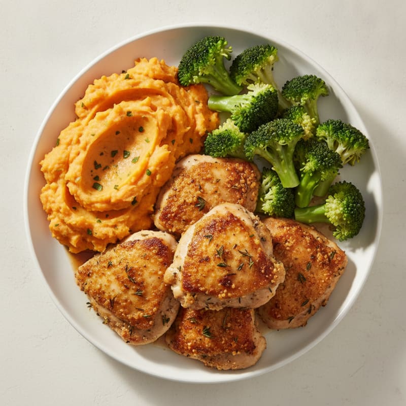 Herb-Seared Chicken Thighs with Garlic Mashed Sweet Potatoes and Steamed Broccoli