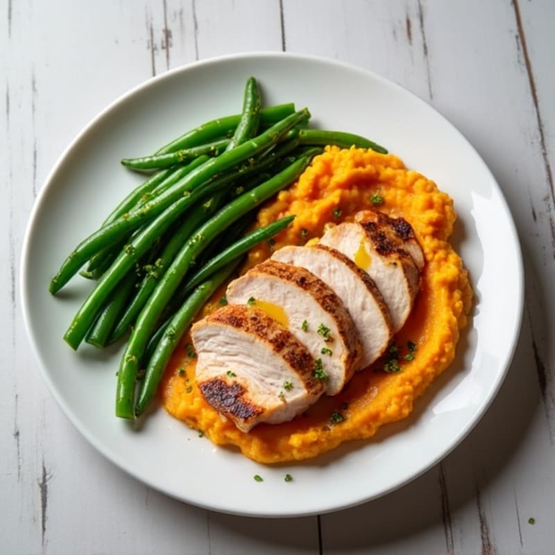 Seared Turkey Breast with Steamed Green Beans and Sweet Potato Mash
