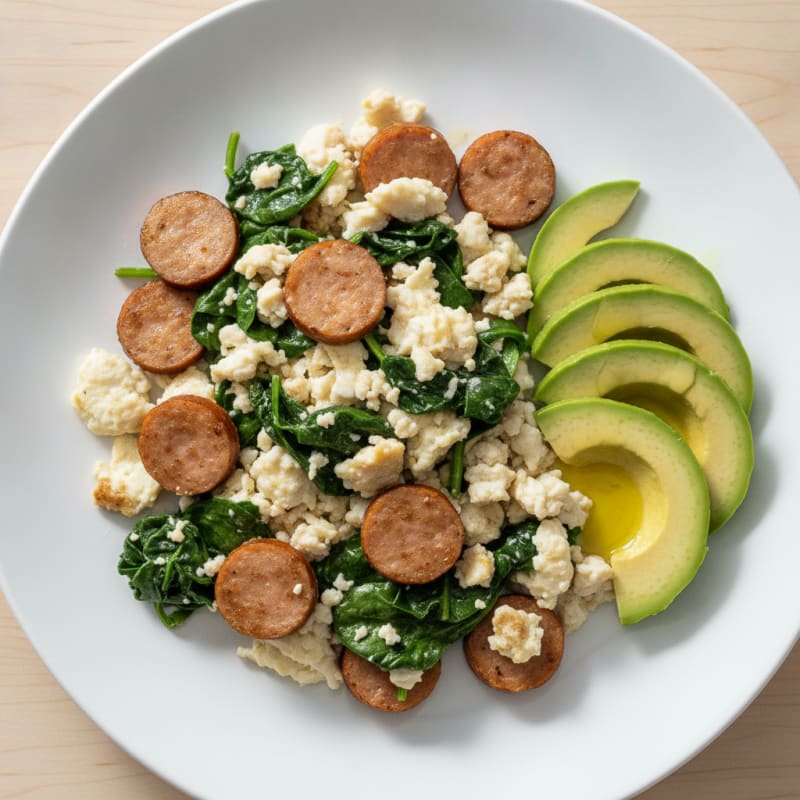 Egg White Scramble with Turkey Sausage and Sautéed Spinach