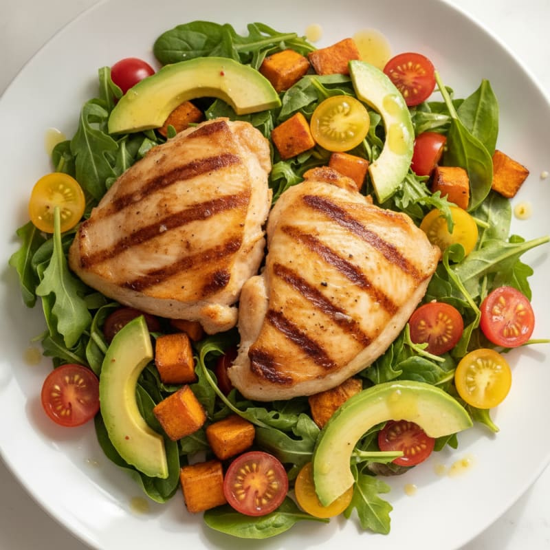 Grilled Chicken Thigh Salad with Roasted Sweet Potato and Tomato