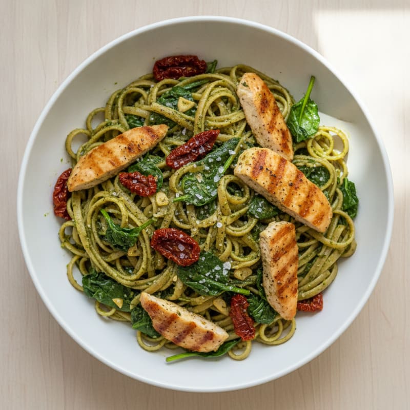 Pesto Chicken Linguine with Sun-Dried Tomatoes