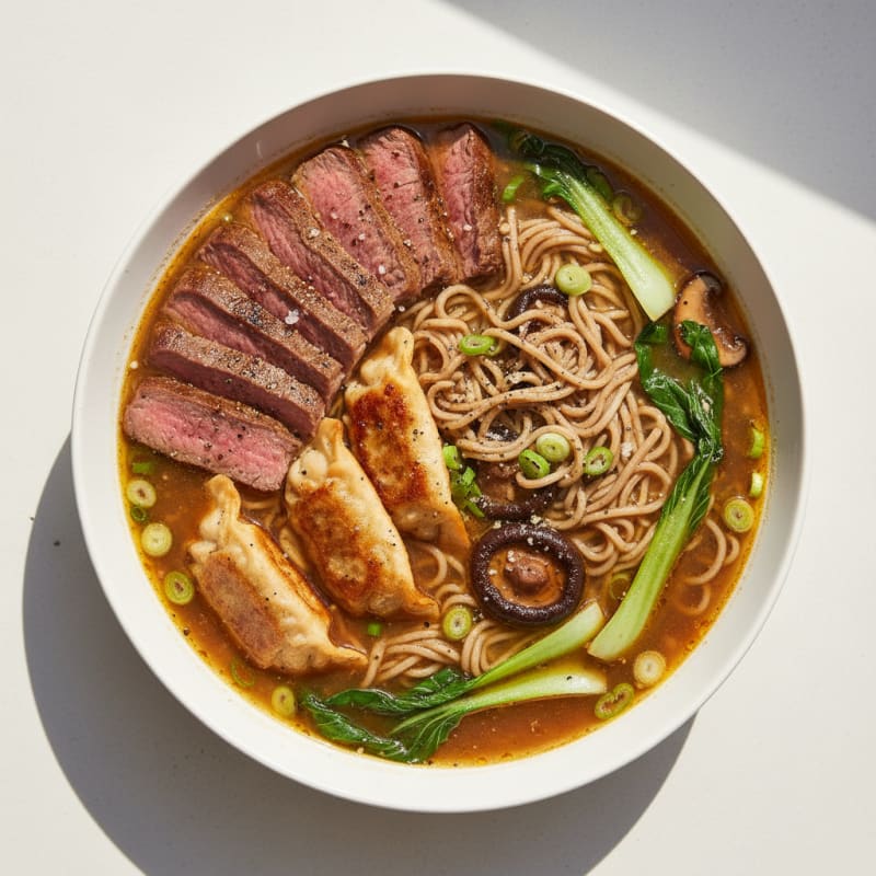 Tender Pan-Seared Steak and Crispy Dumpling Ramen