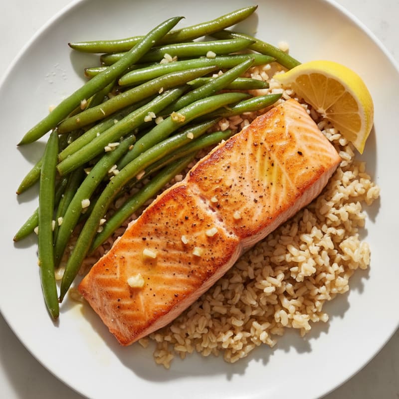 Seared Salmon with Garlic Green Beans and Brown Rice