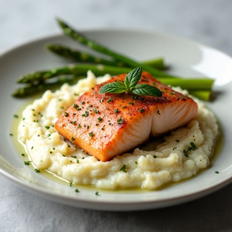 Seared Salmon with Herb-Cauliflower Mash and Steamed Asparagus