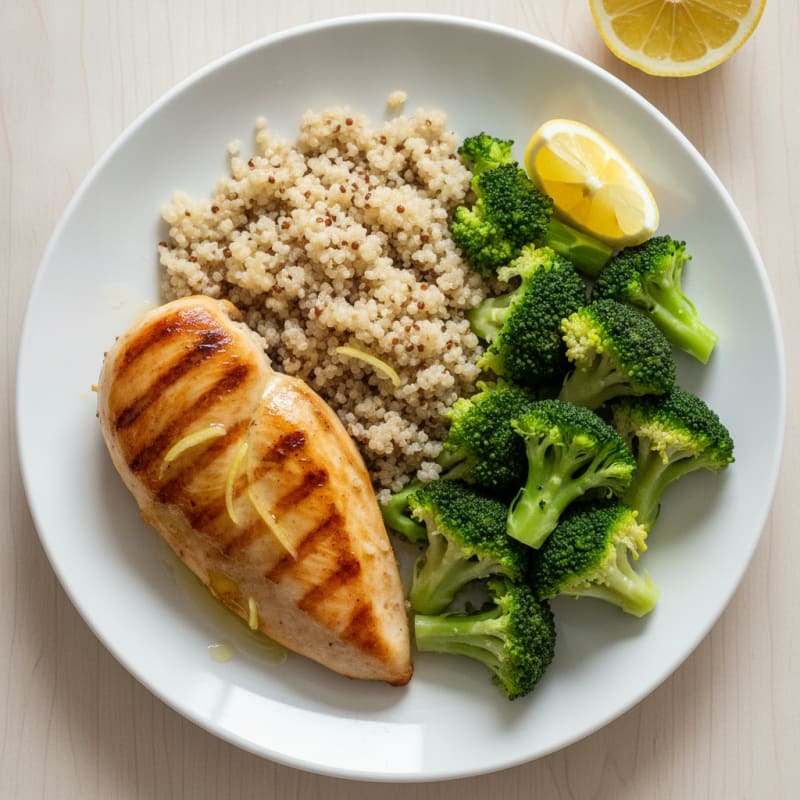 Grilled Chicken Breast with Steamed Broccoli and Quinoa
