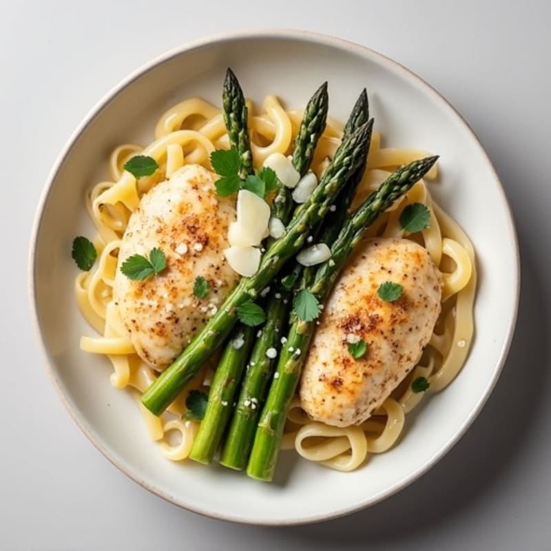 Creamy Garlic Chicken Pasta with Roasted Asparagus