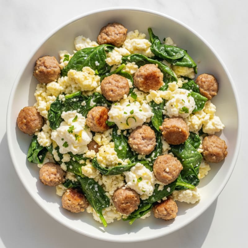 Egg White and Turkey Sausage Scramble with Cottage Cheese and Spinach