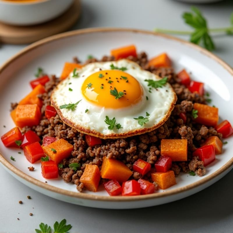 Hearty Spiced Ground Beef and Roasted Sweet Potato Hash