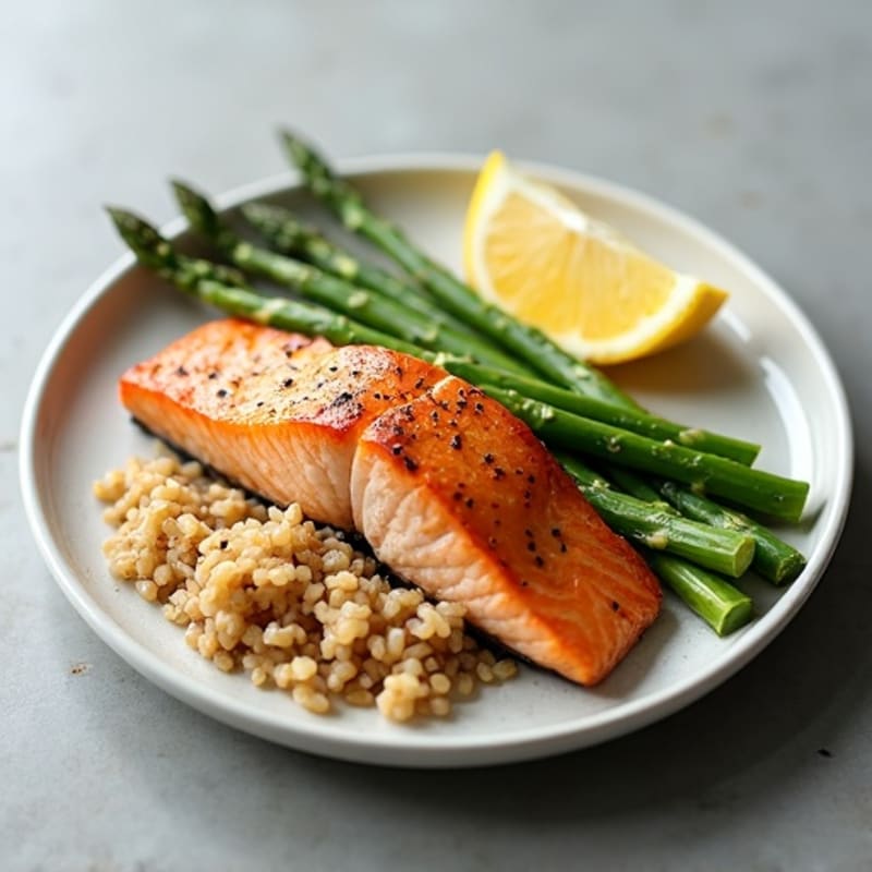 Seared Salmon Fillet with Steamed Asparagus and Brown Rice