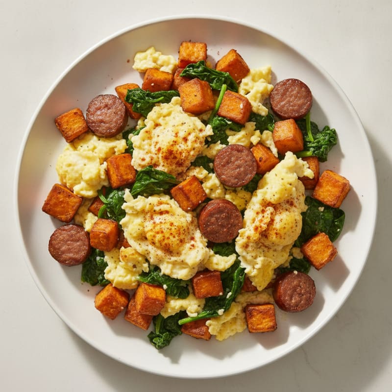 Egg and Sweet Potato Scramble with Sautéed Spinach