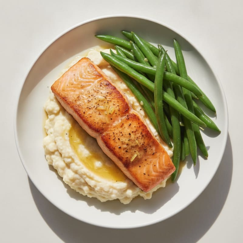 Seared Salmon Fillet with Steamed Green Beans and Garlic Cauliflower Mash