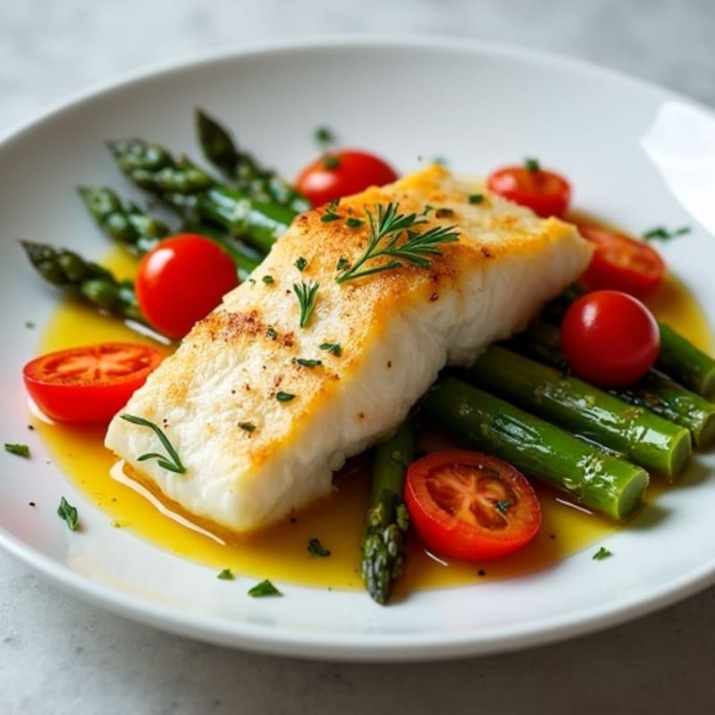 Baked Cod with Roasted Asparagus and Cherry Tomatoes
