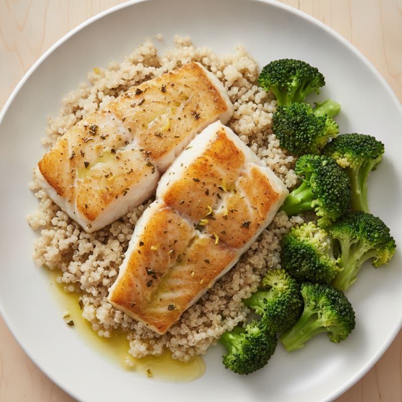 Baked Cod with Steamed Broccoli and Quinoa