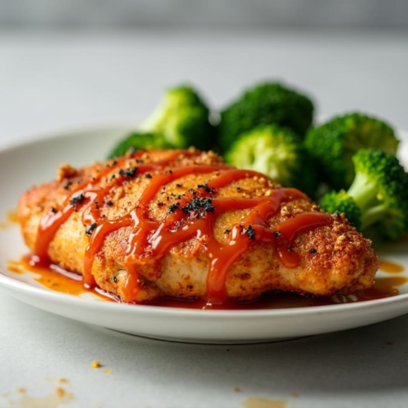 Crispy Baked Chicken with Sweet and Spicy Glaze and Steamed Broccoli