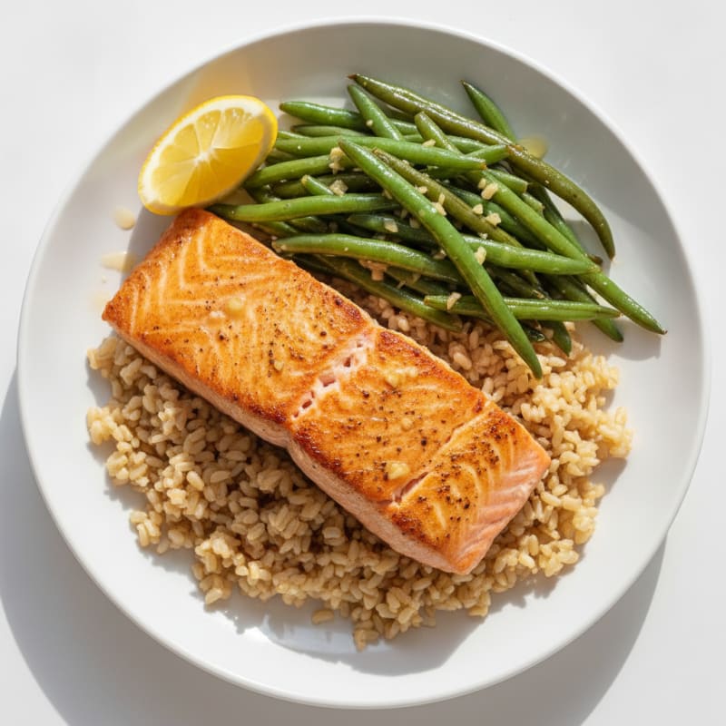 Pan-Seared Salmon with Garlic Green Beans and Brown Rice