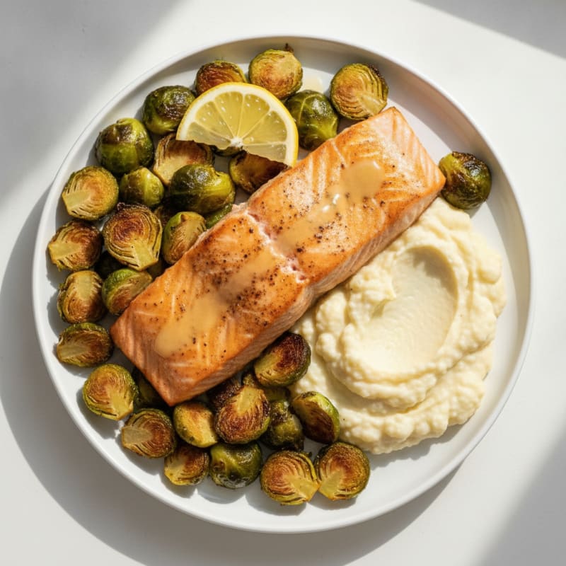 Seared Salmon with Roasted Brussels Sprouts and Cauliflower Mash
