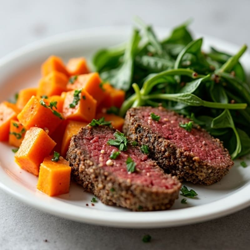 Lean Ground Beef and Roasted Sweet Potato with Sautéed Greens