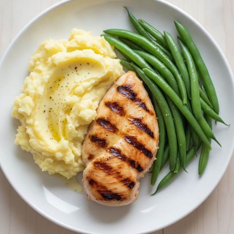 Grilled Chicken Breast with Creamy Mashed Potatoes and Steamed Green Beans
